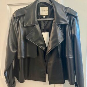 Bagatelle Black Faux Leather Moto Jacket with Wide Lapels